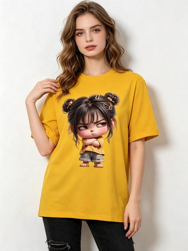 Women's Fitted Cut Cotton Crew Neck Short Sleeves Tshirt - Cute Sassy Chibi Double Buns Graphic, Trendy Cartoon Design, Lightweight Soft Breathable Lady's Aesthetic Beach Top