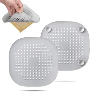 Modern 2 Pack Hair Drain Catcher Square Silicone Stopper with Suction Cup Easy Install for Bathroom Bathtub Kitchen Silver Grey 5.5x5.5 Inches Secure Fit