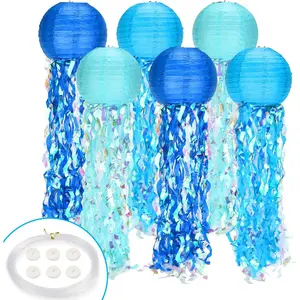 8" Hanging Paper Lanterns 6 Pack, Under The Sea Mermaid Ocean Theme Birthday Party Decor Ornaments for Classroom Beach Room with Hooks
