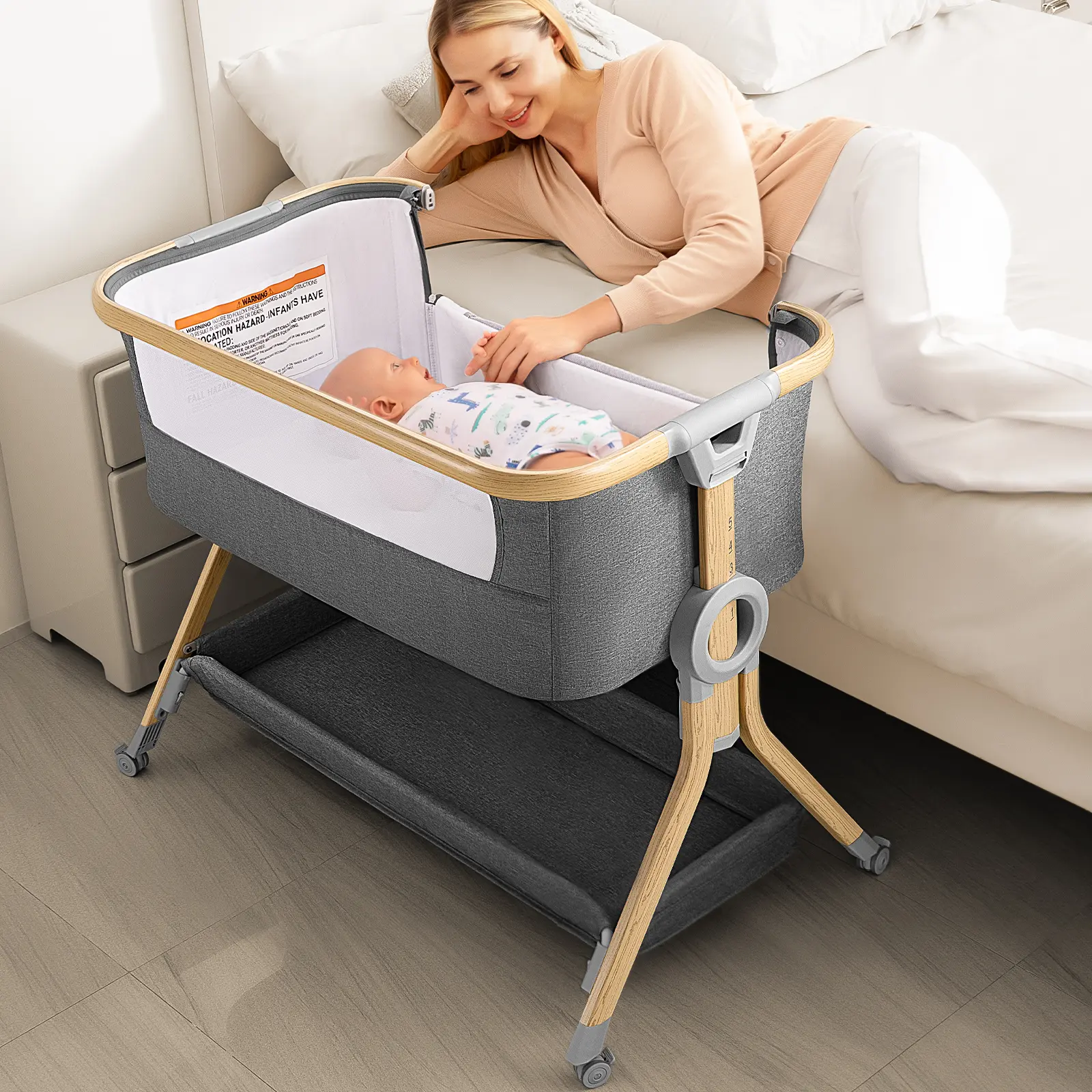 Larex 3 in 1 Baby Bassinet Bedside Sleeper Crib, Breathable Mesh Safe Bedside Bassinet for Baby, Easy Assemble & Folding Portable Bassinet, 5 Height Adjustable Bedside Crib with Storage Basket, Mattress Summer Sale