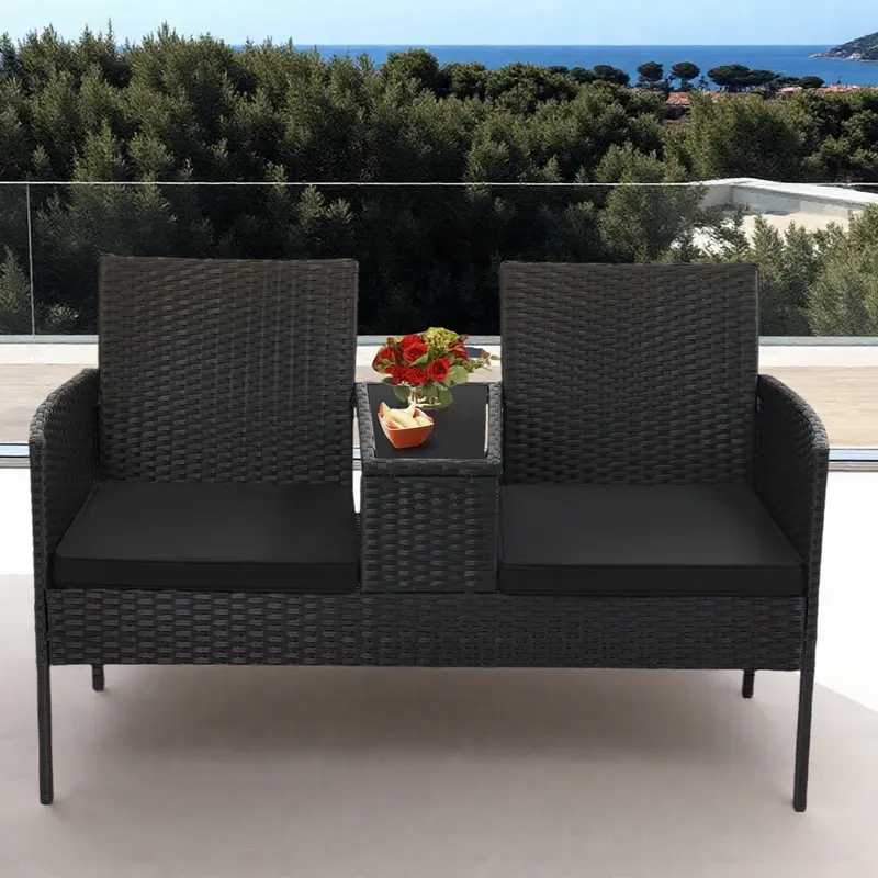 MURAGO 2-Seat Outdoor Patio Loveseat Garden Lounge Sofa Set with Storage Table - Handwoven Sturdy Rattan, Washable Covers, Weather-Resistant Powder-Coated Frame, Modern Outdoor Sofa for Back Porch, Balcony, Assembly Required