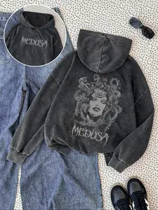 Women's Washed Hoodie with Medusa Print, Comfortable Casual Loose-Fit Long Sleeve Top, Spring & Fall Daily Wear