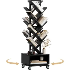 7 Tier Double Sided Rotating Tree Book Shelf, Floor Standing Wood Bookshelf with Adjustable Wheels for Narrow Space, with Storage Cabinet for Books/CDs/Magazine, Black