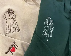 Custom Photo Embroidered Hoodie, Personalised Couple Sketch from Photo Unisex Hoodie, 1st Anniversary Special Date Initial Matching Jumper Menswear Shirt Stylish Embroidery Sweaters Tops Underwear