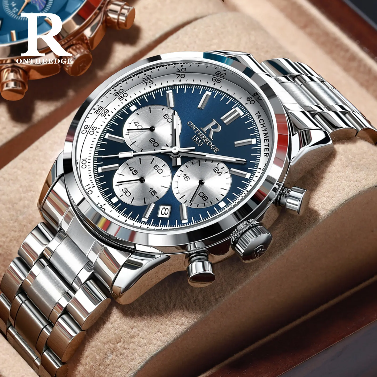 Men's 42mm Silver Steel Multifunctional Chronograph Quartz Watch - Blue Tachymeter Dial, Luminescent Hands & Date, Waterproof, Sports/Biz Male Wear Business Casual Outfits Accessory, Budget Luxury-Looking, Free Gift Box & Adjuster, Limited Deals