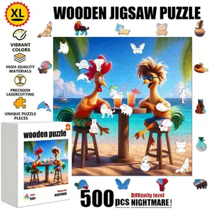 [1 Box(500 pcs)] "Beachside Double Chicken Conversation" wooden puzzle with unique irregular shapes, seamlessly interlocking. It is a great gift choice for Christmas, Halloween, or housewarming