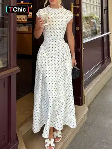 Women Polka Dot Midi Dress A Line High Waisted Flowy Dress Short Sleeve Elegant Vintage French Style Tea Length Casual Wear Summer Vacation Outfit Feminine Chic Dress White Black