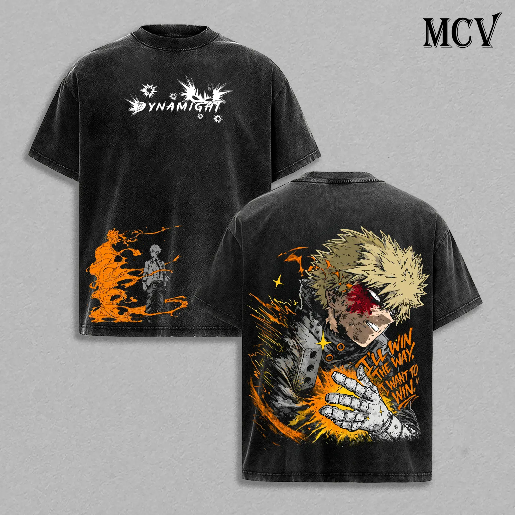 Katsuki Bakugo My Hero Academia Vintage Acid Washed Graphic T‑Shirt, Oversized Drop‑Shoulder Heavy Cotton Anime Streetwear Tee, Black Orange Print