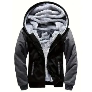 Men's Warm Fleece Hooded Jacket, Casual Color Block Jacket Coat Fall Winter