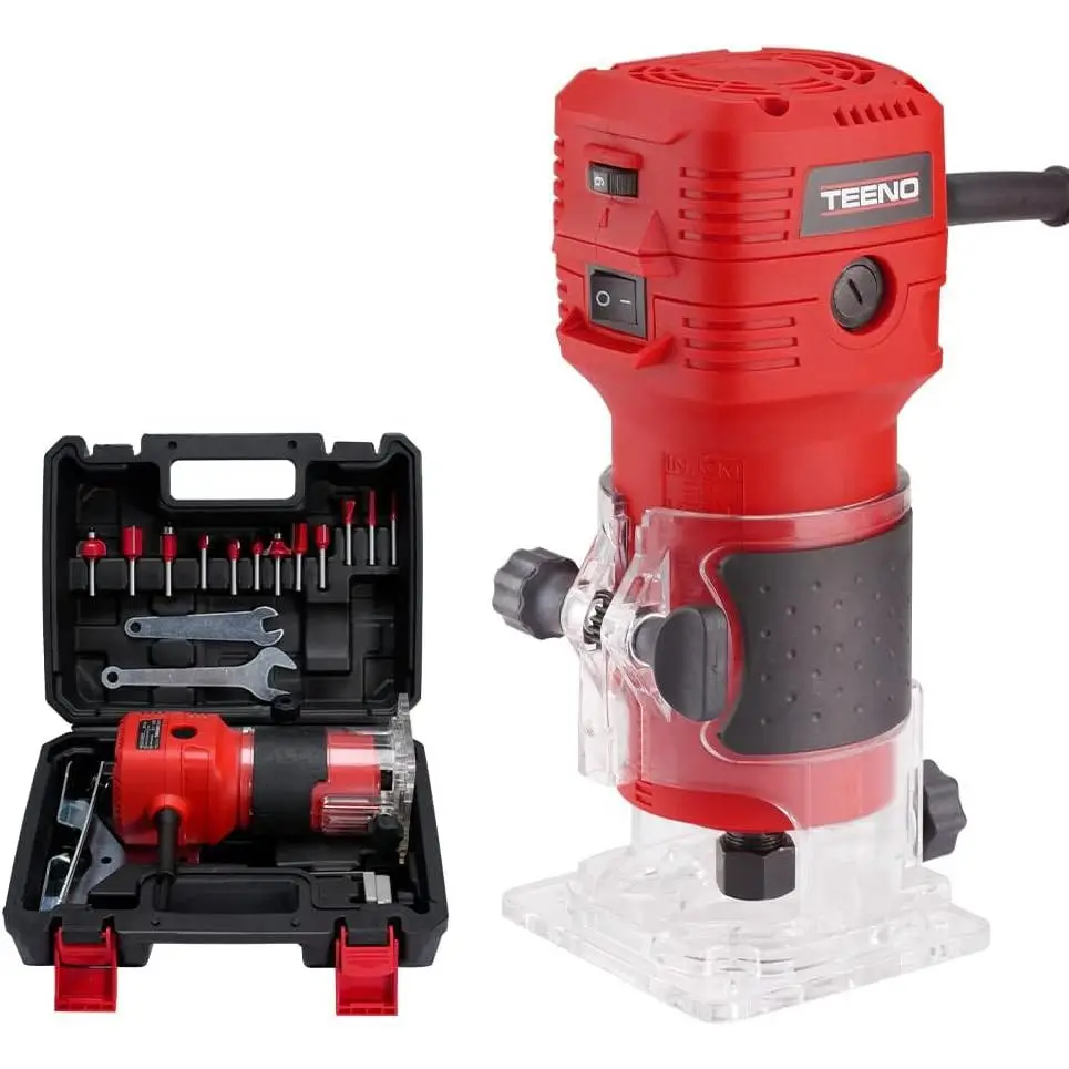 Wood Router 650W 110V Compact Router Tools for Woodworking Edge Guide 32000 RPM Hand Trim Router with 12 Pcs 1/4Router Bits Set, 6 Variable Speeds