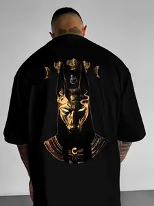 [Anubis Print T-Shirt] Dark Style Round Neck T-Shirt, Ancient Egyptian Mythology Mummy Creation Guardian, Underworld Guide "Anubis" Print T-Shirt, Summer Outdoor, Breathable And Comfortable, Slight Drop Shoulder Round Neck T-Shirt