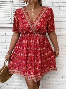 Plus Size Women's Wine Ethnic Print V Neck Short Dress, Waist Cinched Pleated Hem, Summer Boho Bohemian Vacation Wear, Casual Trendy Boho, Casual Wear, Beach Holiday, Date Night, Womenswear