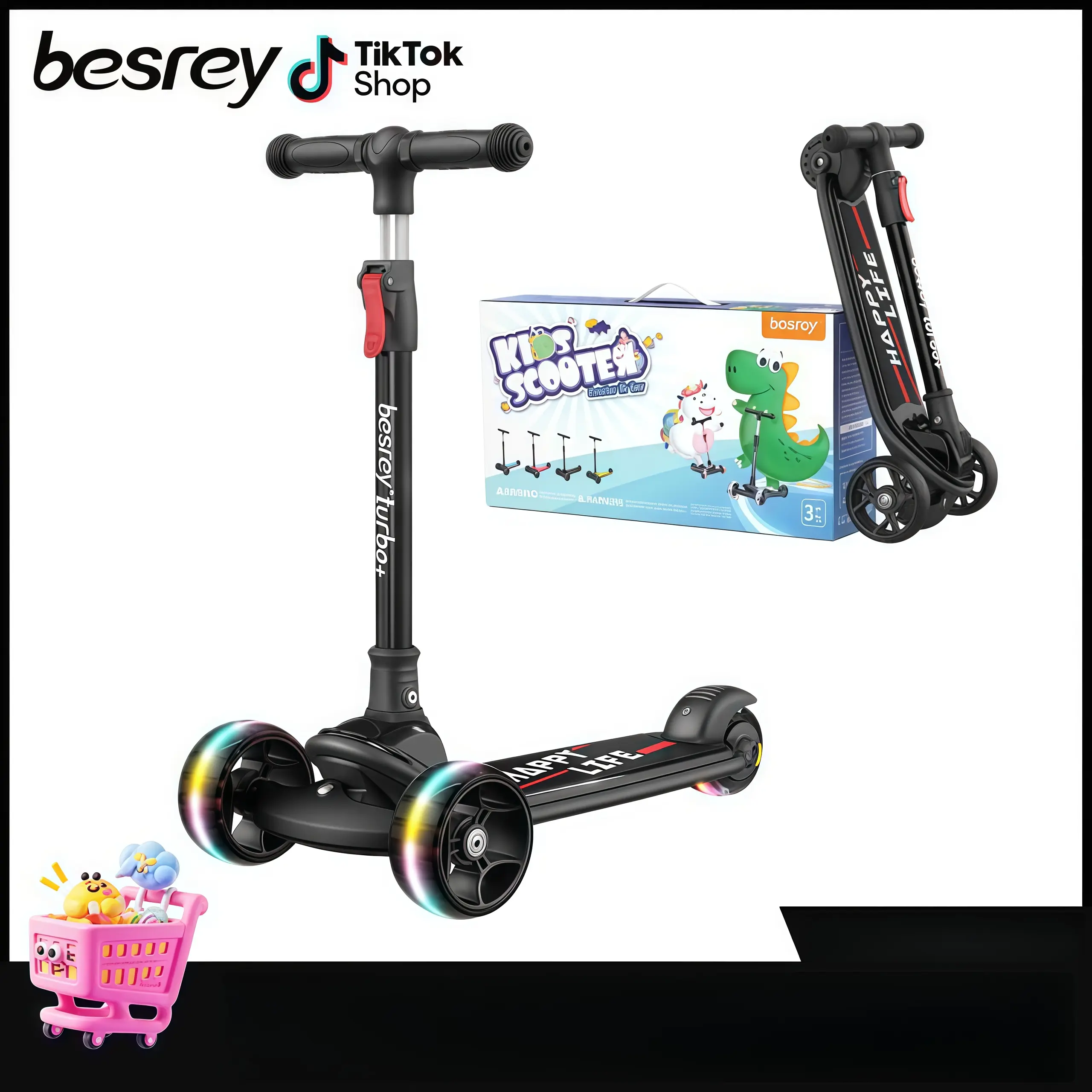 Besrey Kids Scooter Toddler Toy Folding Scooter with Adjustable Height Handlebar Flashing Wheel Lights Shock Absorption Tilt Steering Balance Training for Boys Girls 3-12 Year Old