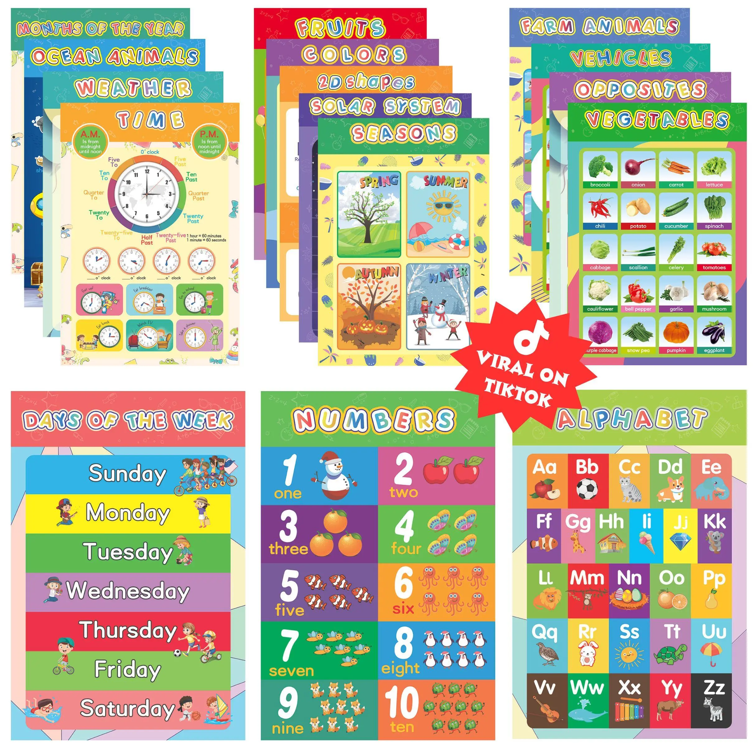 16 Educational Posters for Classroom & Kindergarten - Laminated PreK Learning Charts - ABC Alphabet, Shapes, Colors, Weather, Days of the Week - 11x16.5 Inches - Double Layered Waterproof - Perfect for Early Education