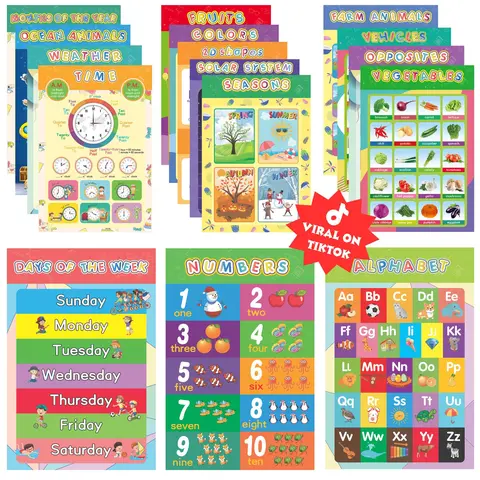 16 Vibrant Laminated Educational Posters - 11x16.5in Double-Layered Waterproof School & Classroom Supplies, Easy Cleaning Wall/Tabletop Back to School Decor for Toddlers, Alphabet, Shapes, Weather, Days, Months, Solar System, Farm Animals, Division