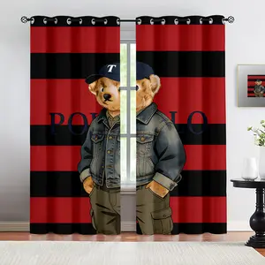 Striped teddy bear print pattern, 2 curtain sets, suitable for living room, balcony, and bedroom windows, perfect for home, seasonal, holiday room decoration