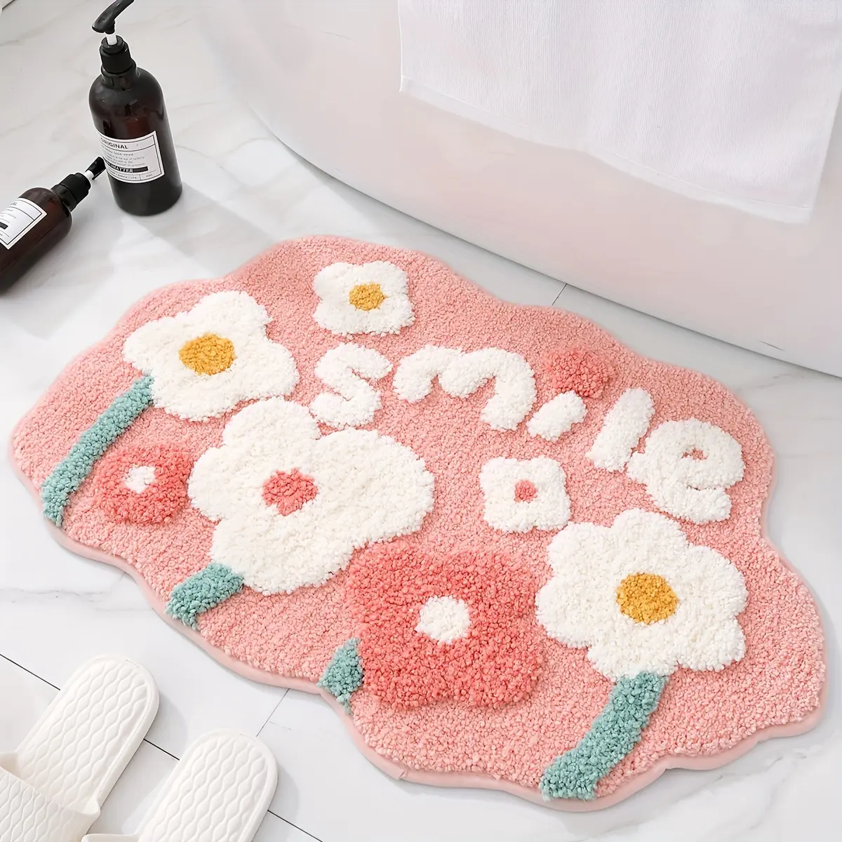 1pc Non-Slip Flower Bathroom Rug - Extra Soft Absorbent Premium Bath Rug - Machine Washable - Durable Floor Mat for Home Decor - Floral Door Entrance Carpet for Bathroom, Toilet, Bedroom, Living Room, Bathroom Decor