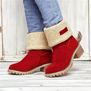 Women's Solid Color Fuzzy Boots, Soft Sole Chunky Heel Fleece Lining Boots, Winter Non-slip Snow Boots