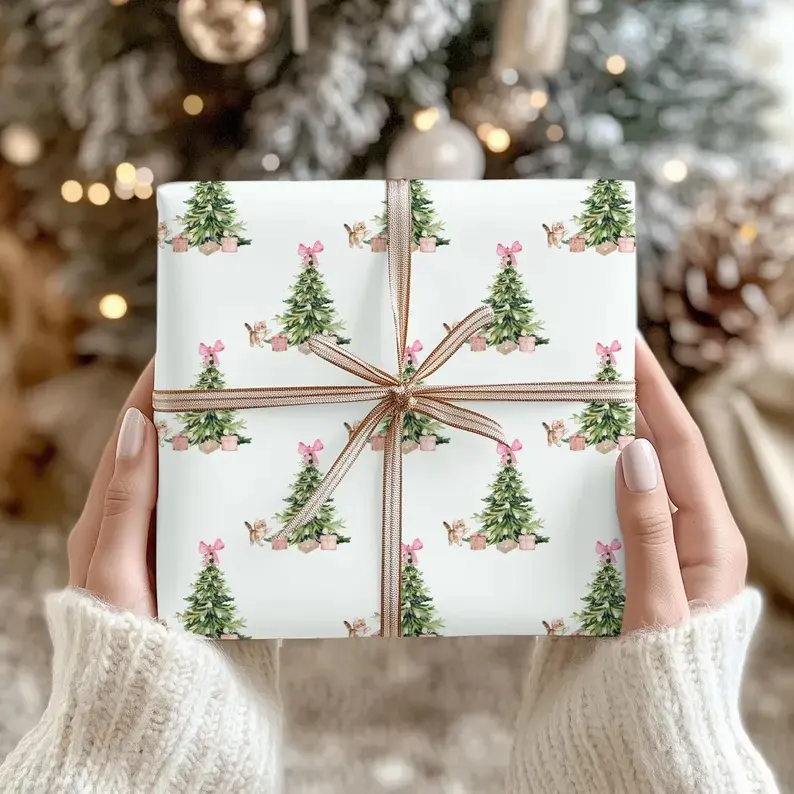 Christmas Cat Wrapping Paper, Pink Christmas Gift Wrap, Coquette Gift Wraps