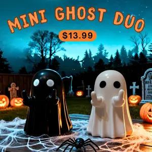 Halloween Mini Ghost Duo Middle Finger Figurines – Black & White Set, 3 Inch Plastic Halloween Decoration Gift Spooky Ornaments
