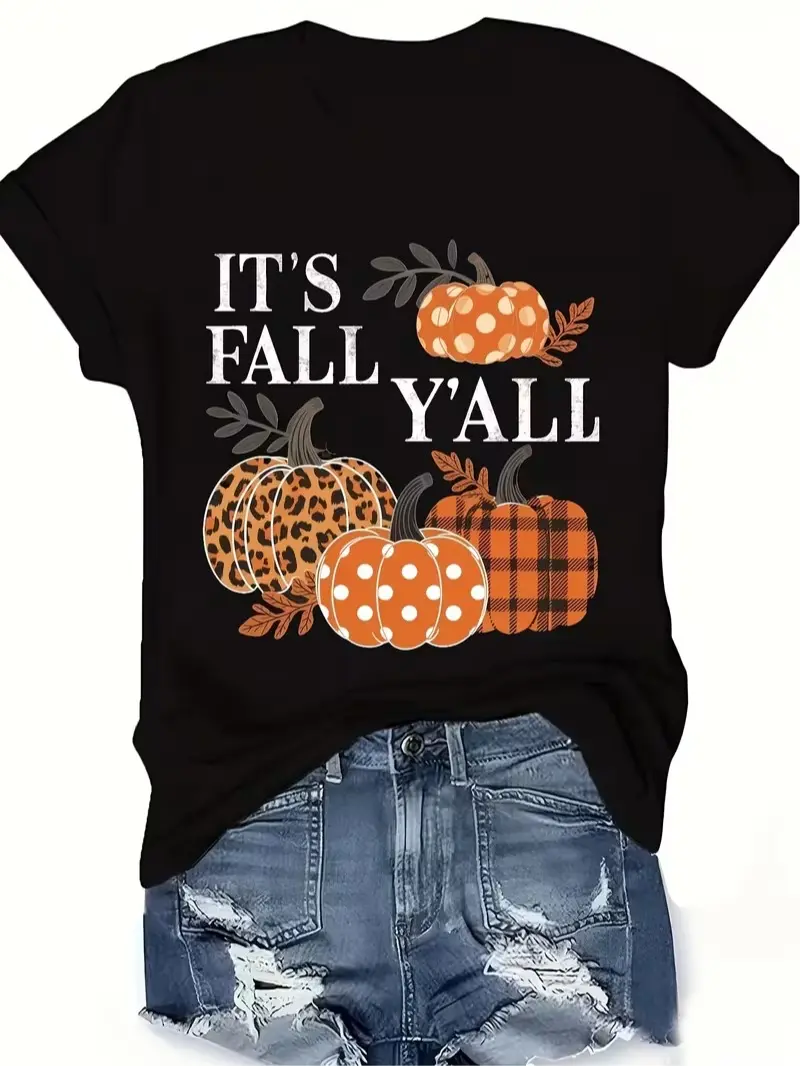 Women's Autumn Pattern TShirt IT's FALL Y'ALL Pumpkin Theme Top Orange and Beige Plaid Pumpkin Pattern Casual Everyday Shirt for Halloween Thanksgiving and Autumn Outfits Machin Seasonal Fashion Retro Design Comfortable Fit