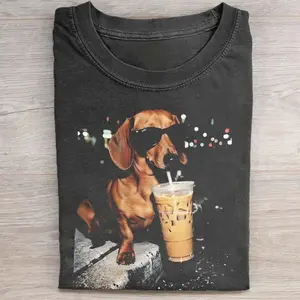Comfort Colors Funny Dachshund Drinking Iced Coffee Vintage T-shirt, Wiener Dog Owner Gift