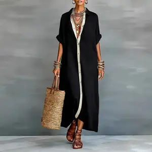 Boho Oversized Shirt Dress for Women, Contrast Trim Button Down Loose Midi Dress, Soft Lightweight Casual Summer Dress, Flowy Relaxed Fit for Beach, Vacation, Brunch & Daily Street Style, Trendy Boho Outfit for Everyday Wear