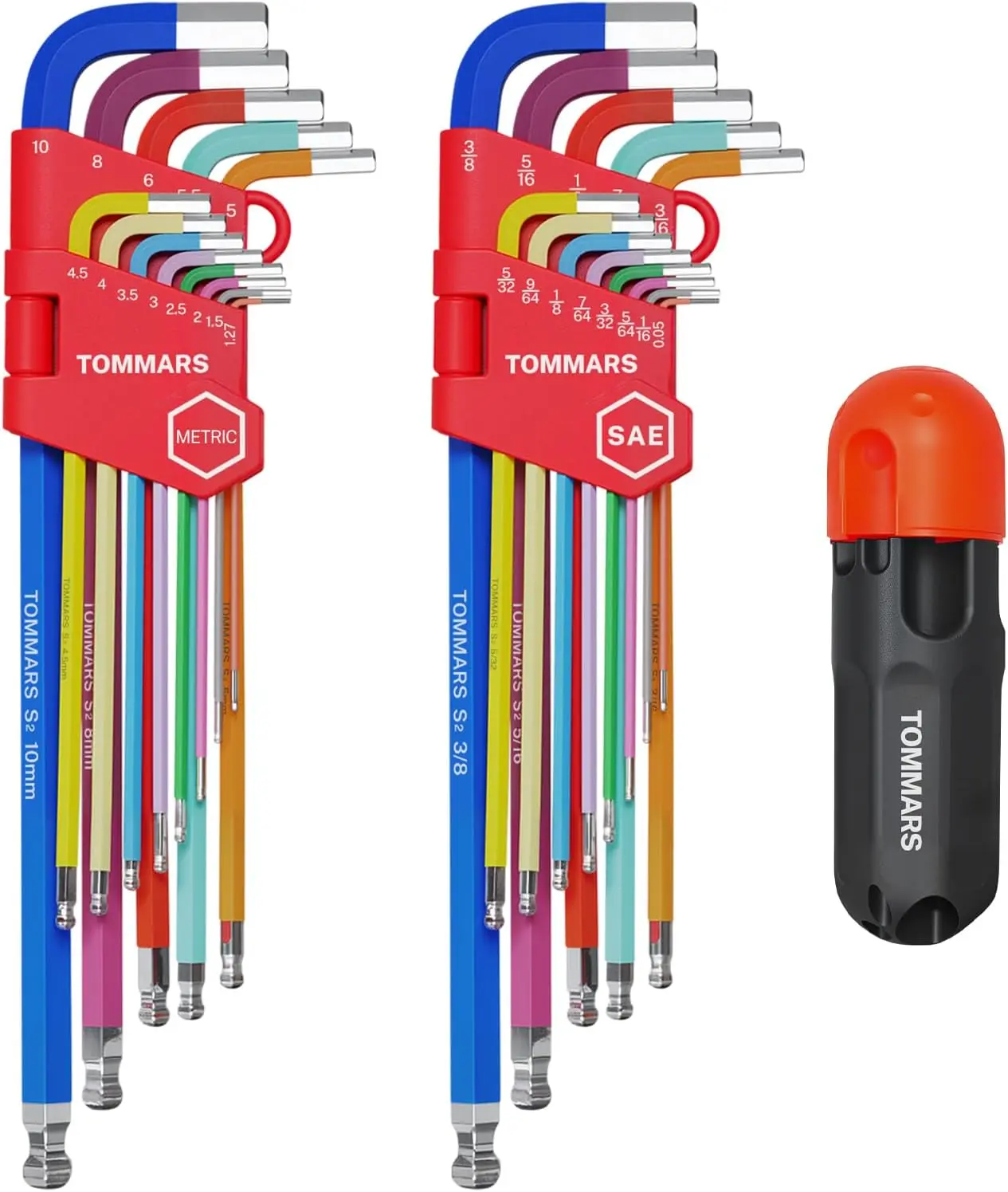 26-PC Allen Wrench Set, Magnetic Ball End, T-Handle & Color Coded | Extra Long Arm, S2 Steel, SAE(0.05-3/8"), Metric(1.27mm-10mm), Hex Key Set