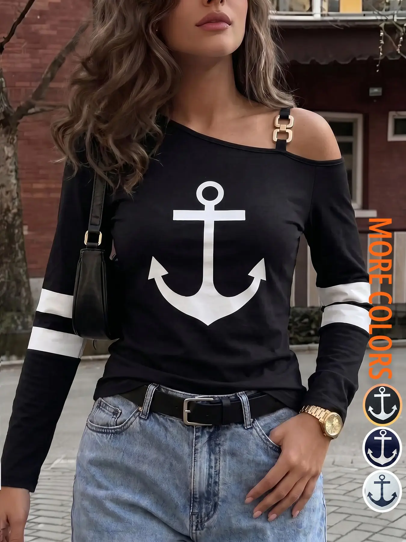 Women's Asymmetrical Neck Slouchy Anchor Print Long Sleeve T-Shirt Top, Perfect for Daily Casual Wear, Ideal for Weekend Outing Summer, Casual Tee Shirts
