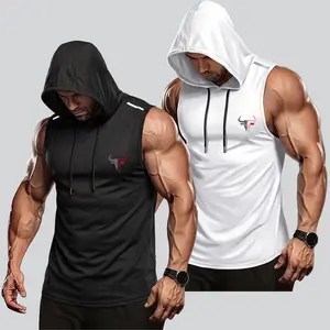 2PCS Men’s Hooded Sports Top, Bull Head Logo on Back, Solid Color Sleeveless Tank with Adjustable Drawstring Cap, Casual Lightweight Men’s Fitness Wear, Cool, Breathable, Quick Dry, Suitable for Gym, Daily Workouts, Running, Cycling.