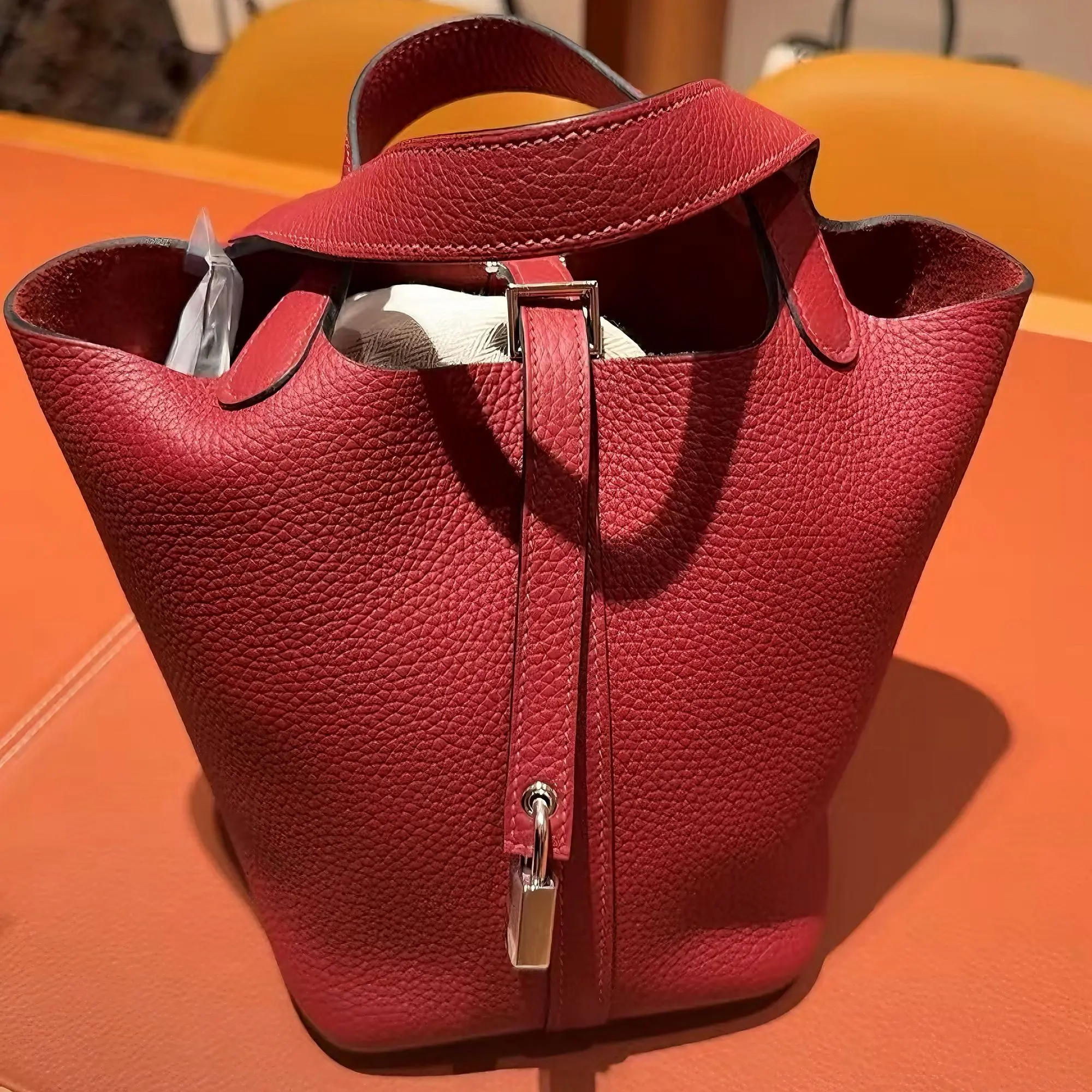 Pre-owned HERMÈS 5430 VERMILLON authentic Bucket bags picotin lock PM18 clemency tote for women top handle fashion