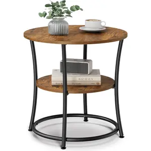 21.7" Round Side Table, 2-Tier End Table with Steel Frame, Small Nightstand for Bedroom & Living Room, Space-Saving Design, Rustic Brown & Ink Black