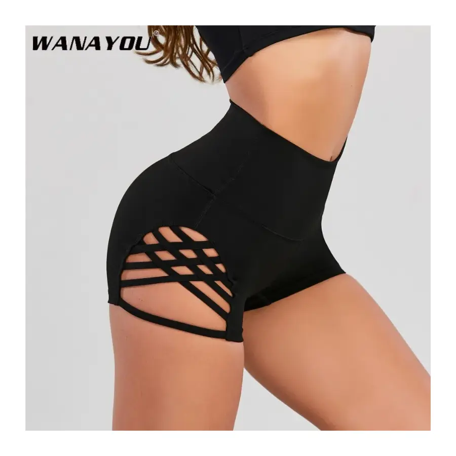 WANAYOU High Waisted Printed Tight Yoga Shorts with Side Cross Large Hollow Sexy Fitness Pole Dance Sports Shorts
