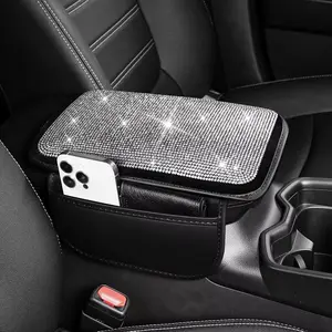 Universal Sparkling Rhinestone Car Center Console Armrest Cover Bling Leather Armrest Pad with Anti-Slip Protectors Cushion Gorgeous & Durable Console Cover
