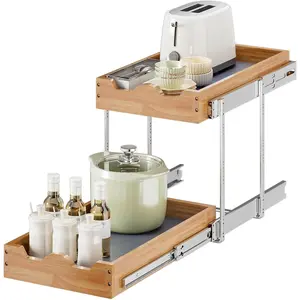 2 Tier Pull Out Drawers for Cabinets, Double Tier Slide Out Wood Cabinet Organizer, Pull Out Shelves for Base Cabinet Organization in Kitchen, Pantry, Bathroom