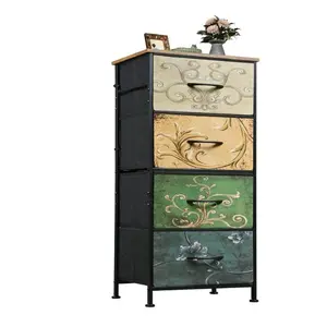 Bedroom Dresser with 4 Fabric Drawers, Narrow Vertical Storage Tower for Small Bedroom, Wood Top Nightstand Replacement, Steel Frame