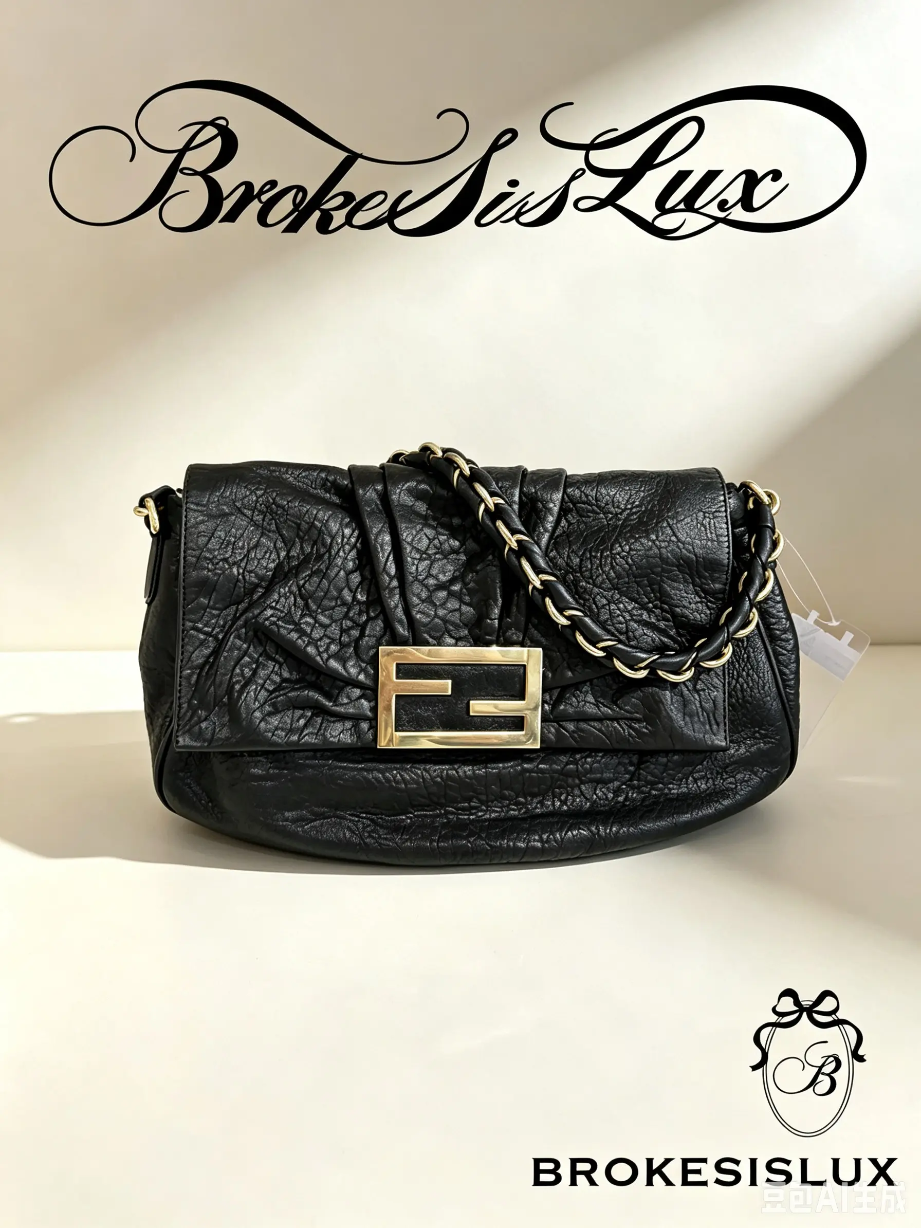 Pre-owned FENDI Medium Peekaboo Flap Shoulder Bag, Black Pebbled Grain Calfskin, Front Ruched Pleat Detail, Oversized Gold FF Square Turn Lock, Leather Woven Gold Chain Strap