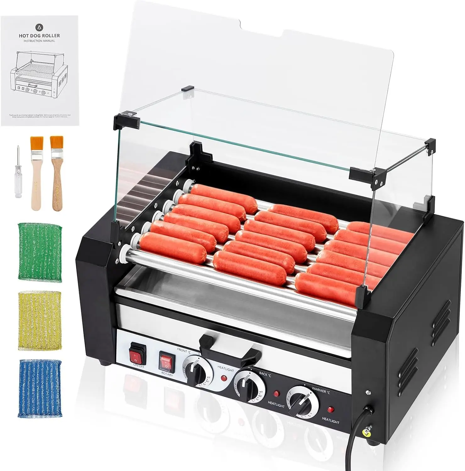 【Christmas Gift】Roller Dog Machine, 18 Hot Dog Capacity 7 Rollers Sausage Grill, 1350W Stainless Steel hotdog roller grill and bun warmer, Glass Lid, Dual Temperature Control,Timer & Drip Tray for Party Home