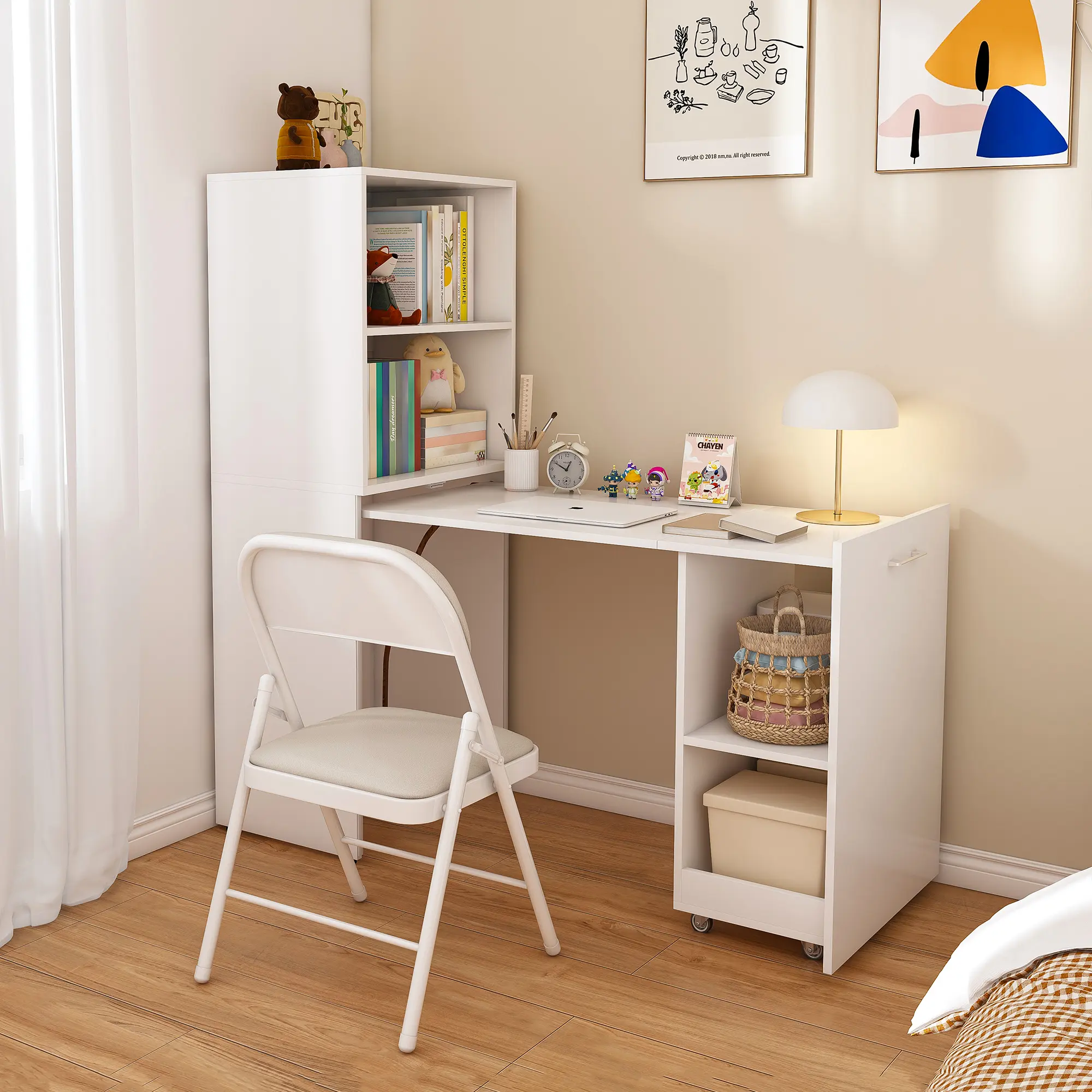 Adjustable Stretchable Functional Table - 15.7-49.6" Compact Adjustable Home Office Workstation, Wheel Style Desk with Storage Shelves, Foldable Space-Saving Modern Writing Table for Small Apartments, Dormitories