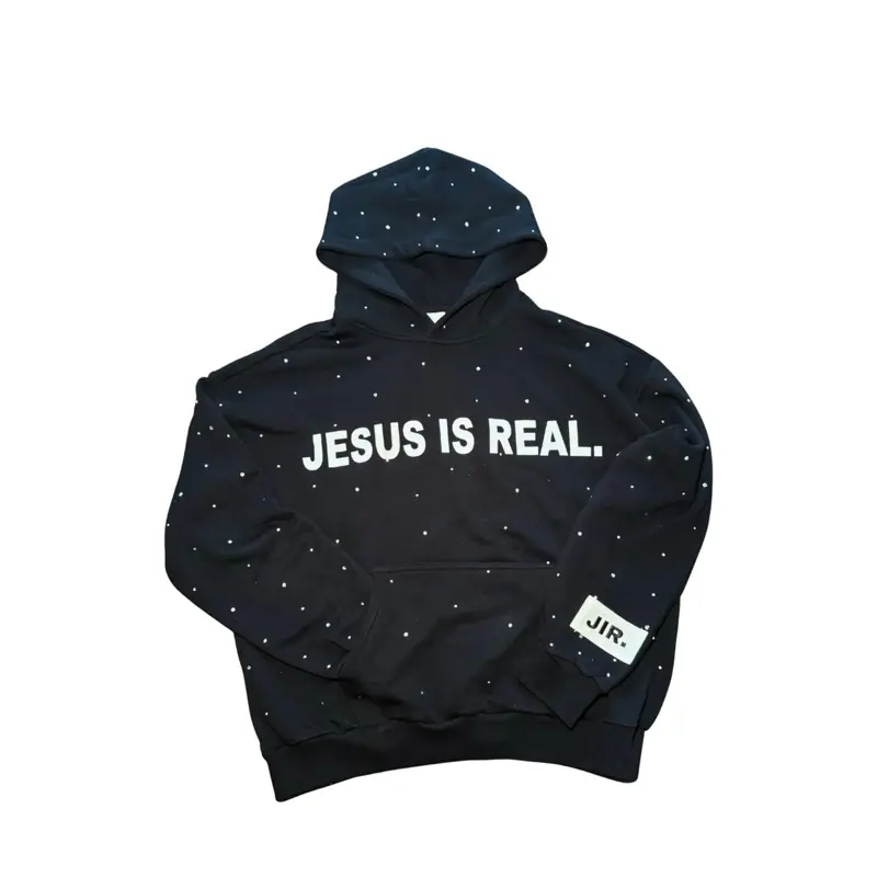 RHINESTONE JESUS IS REAL BLACK HOODIE