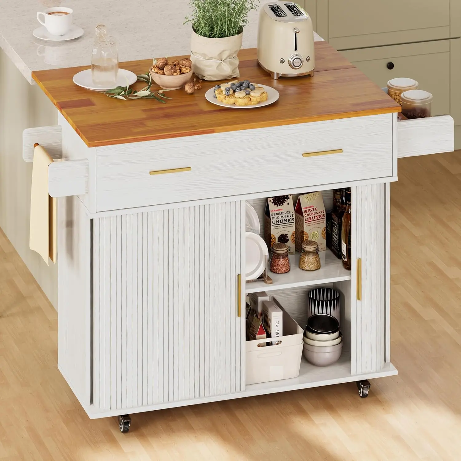 【Rolling Kitchen Island Cart】DHH 39.4 in Space-Saving Compact Portable Food Prep Furniture with Drop Leaf Countertop, Fluted Panels Tambour Sliding Doors Cabinet, Drawer, Lockable Wheels - For Kitchenette, Dining Utensils Storage