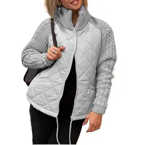 Womens Quilted Jacket Knit Sleeves High Neck Zip Up Winter Coat Cozy Warm Fall Winter Outerwear Diamond Pattern Stylish Trendy Casual Everyday Essential