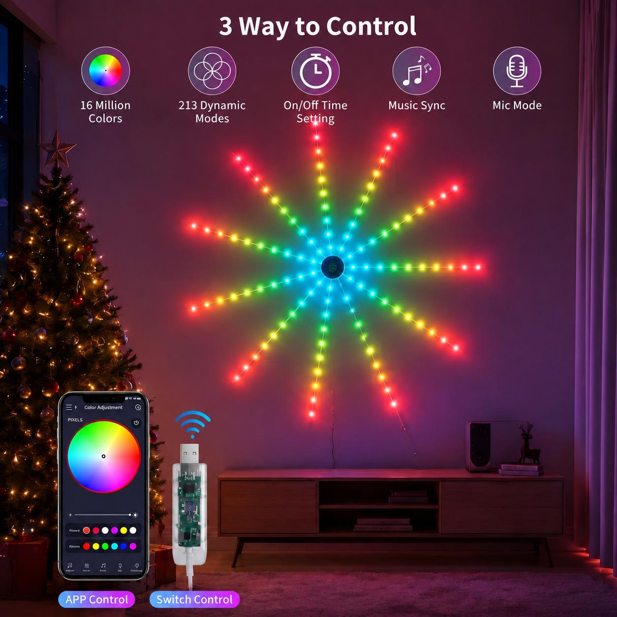 RGB LED Strip Lights - USB Powered, Led Multicolor, Sound Activated (Music Sync), App Controlled, Flexible Adhesive, DIY Shapeable, Adjustable Indoor Use Mood Lighting for Gaming Room, Bedroom