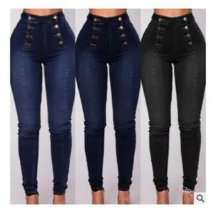 High Waist Casual Jeans Long Pants Fashion Double Row Multi-Button Slim Fit Stretch Women's Black Blue Loose Jeans Denim Tear Cargo Jeans Flared Jeans