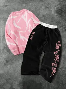 Men's Stylish Matching Two-Piece Casual Set, Soft Comfortable Crew Neck Sweater and Graphic Floral Printed Relaxed Pants, Perfect for Spring & Fall Wear