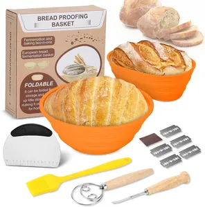 Silicone Banneton Bread Proofing Basket - 10" Oval & 9"Round for Sourdough Bread Baking Supplies & Starter Kit - Premium Gift Set Bakeware Utensils