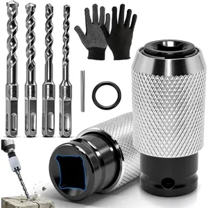 Rotary Hammer Adapter with Impact Drill Bits Set, 5 in 1 Heavy Duty Electric Impact Wrench to Drill Converter Kit - Alloy Steel Adapter + 4PCS Drill Bits for Concrete, Brick, Stone, Wood- NOT SDS Plus