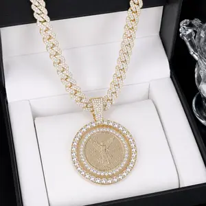 Spinning Coin Centenario 14K Gold Plated Iced 50 Pesos Coin Rotating CZ Stones for Men Women Hip Hop Jewelry