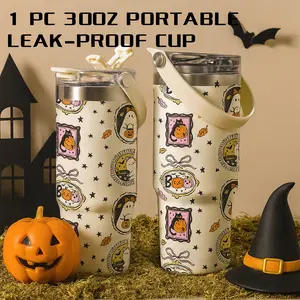 1 Pc 30 Oz Halloween Pumpkin Frame Vacuum Tumbler with Handle, 2-in-1 Flip Lid, Leak-Proof, Double-Wall Insulated, Easy Carrying, Fun and Spooky Style, Keeps Hot 12H/ Cold 24H, Holiday Gift for Women, Friends, Teachers, Perfect for Office, Home or Car.