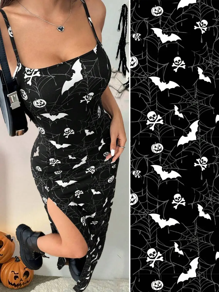 Women's Solid Color High Slit Spaghetti Strap Dress, Halloween Print Dress